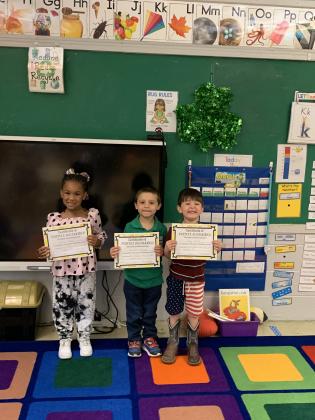 Johnette Dupre’s students at Highland Early Learning Center were named Perfect Attendance for February. From left, are Colby Fusilier, Nikyie Ardoin and Aleister Darbonne.