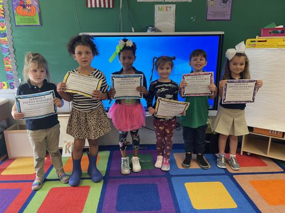 Karen Fruge’s students show off their Perfect Attendance certificates. From left, are Mason Craig, Josie Fruge, Amelia Gillette, Adaleigh Smith A’Laia Vallaire and Daliyah Poindexter. Not pictured is Christopher Neville.