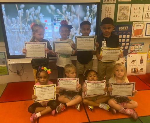 Margo Guillory’s students show off their Perfect Attendance certificates. In no particular order, are A’myra Allen, Cannon Blount, Ellie Blount, Rhy’lynn Jones, Drayson Mitchell, Ariah Richard, Paisley Shaw and Kashton Vallaire.