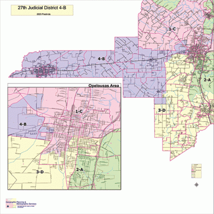 The map shows the Division B election area for the 27th Judicial District. The district has 12,083 registered voters. At the end of early voting on Thursday, 2,274 votes had been cast. The map is courtesy of St. Landry Parish Registrar of Voters Byron Stelly.