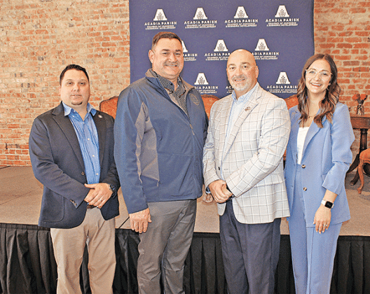 The Acadia Parish Chamber of Commerce and Economic Development hosted its annual State of the Parish luncheon on March 6. From left, are speakers Beau Petitjean, Acadia Parish Police Jury president, Delo Hebert, Acadia Parish School Board president, and Acadia Parish Sheriff K.P. Gibson with Acadia Parish Chamber of Commerce and Economic Development CEO Elizabeth Miller. (Photo by Claudette Olivier/The Crowley Post-Signal)