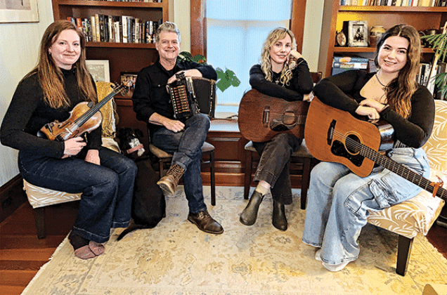 Chère Élise, a Cajun band formed by Elise Riley in late 2023, will be featured from 5:30 to 6:30 p.m. Thursday at the weekly Rendezvous in the Prairie free music program in the Performance Hall of the Prairie Acadian Cultural Center in downtown Eunice. From left are Amelia Biere, Steve Riley (Elise’s father), Jamie Lynn Fontenot, and Elise Riley.  The group has played at Festivals Acadiens et Créoles as well as area music venues and in April will perform at the French Quarter Festival in New Orleans and at
