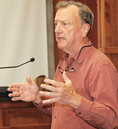 Tommy DeJean, an Opelousas attorney representing the Sons of Confederate Veterans, explains the status of moving a Confederate monument off the St. Landry Parish courthouse grounds at Wednesday’s Parish Council meeting in Opelousas. (Photo by Harlan Kirgan)