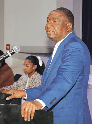 Rep. Cleo Fields conducted a town hall meeting at the Delta Grand Theatre in Opelousas on Monday. (Photo by Harlan Kirgan)