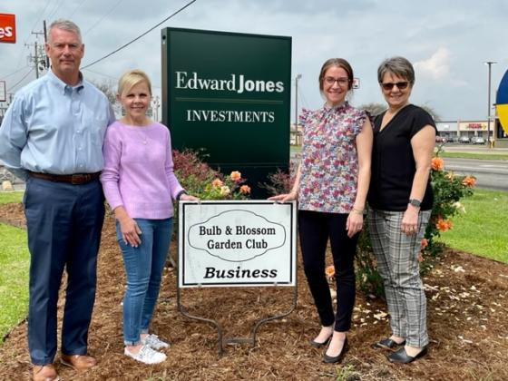 The Bulb and Blossom Club of Eunice awarded its Business Yard of the Month to Edward Jones at 2301 W. Laurel Avenue. Among the Sweet Bay magnolias and crepe myrtle trees are perennials, annuals and shrubs such as coreopsis, day lilies, agapanthus, violas, orange zest, azaleas and roses. From left, are Chris Ardoin, Becky Ardoin, Sadie Latiolais and Eva Fontenot, not pictured is Lainey Lalonde.