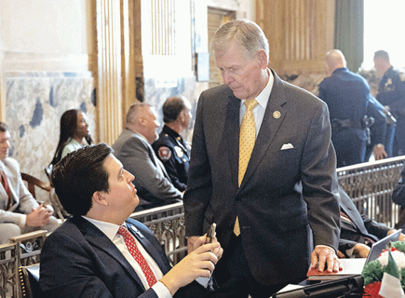 Rep. Dixon McMakin, R-Baton Rouge, seated, listens to Rep. Francis Thompson, R-Delhi, on opening day of the regular legislative session, March 11 at the Louisiana State Capitol in Baton Rouge. (John Ballance/The Advocate, Pool)