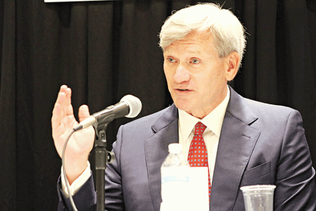 Incoming Louisiana Insurance Commissioner Tim Temple speaks at the Public Affairs Research Council of Louisiana candidate’s forum April 27, 2023, at the Crowne Plaza Hotel in Baton Rouge. (Greg LaRose/Louisiana Illuminator)