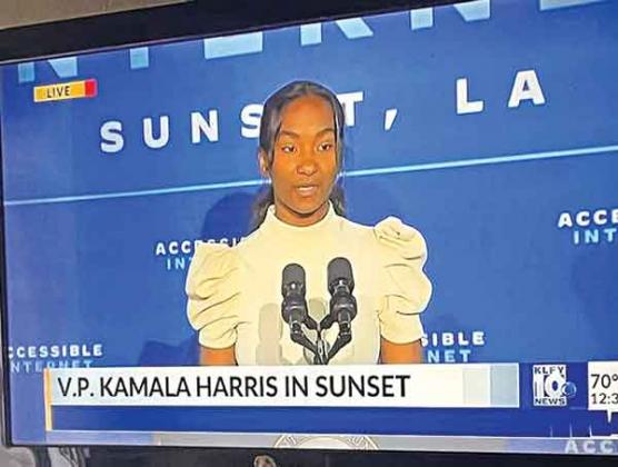 Eunice High School sophomore Josi Lemelle, daughter of Chad and Fran Lemelle, of Eunice, is shown in a screenshot from KLFY TV as she introduces Vice President Kamala Harris on Monday in Sunset. 