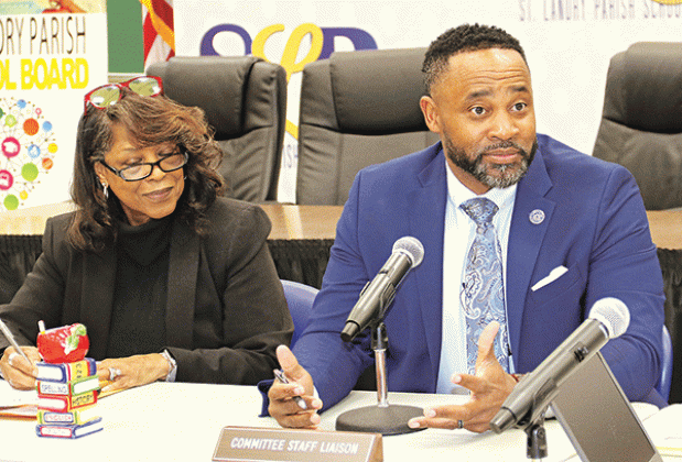 From left, St. Landry Parish School Board President Joyce Haynes and Courtney Joiner, Board attorney, during the Executive Committee meeting on March 27. Joiner was discussing the procedure for hiring a new school superintendent. (Photo  by Harlan Kirgan)