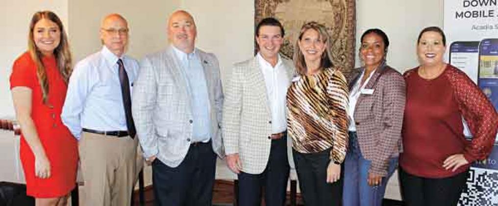 Hosts and speakers for Friday’s State of the Parish Luncheon held at The Grand Opera House in Crowley were, from left, Megan Duhon, Acadia Parish Chamber of Commerce president and CEO; Scott Richard, superintendent of Acadia Parish public schools; K.P. Gibson, Acadia Parish sheriff; Chance Henry, Acadia Parish Police Jury president; Tracy Wirtz, Cox public / media relations manager; Laycie Lewis, Cox public affairs specialist; and Jennifer Middlebrooks, Cox local sales manager. (Crowley Post-Signal photo)