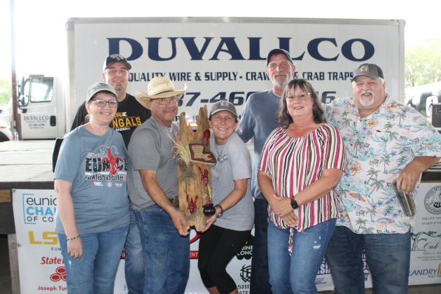 The crew from St. Landry Parish DA Office accepted their first place award in the Amateur Cooking Division Saturday at the 38th annual World Championship Crawfish Etouffee Cook-Off. (Photos by Myra Miller)
