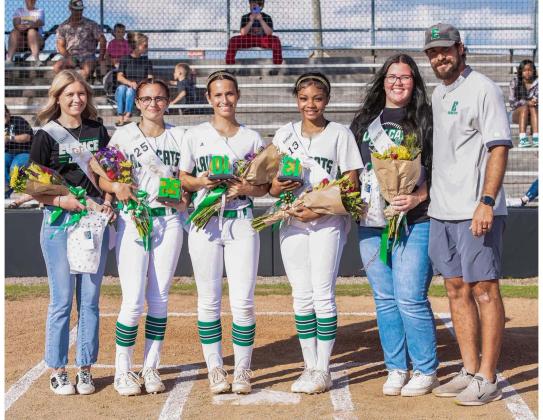 Eunice High Lady Cats Senior night was recently held. From left are Olivia Fuselier, Myka Grace Fontenot, Sydni Miller, De’Miyah Reed, Sarah Claire Vienne and Coach Trenon Trosclair.