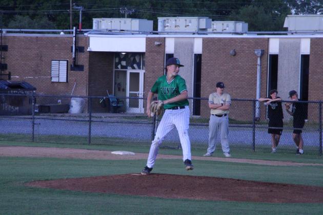 Eunice High pitcher Beau Brown fires a pitch during his no-hitter in an 11-0 win over Leesville on Tuesday in district play. (Photo by Rhett Manuel)