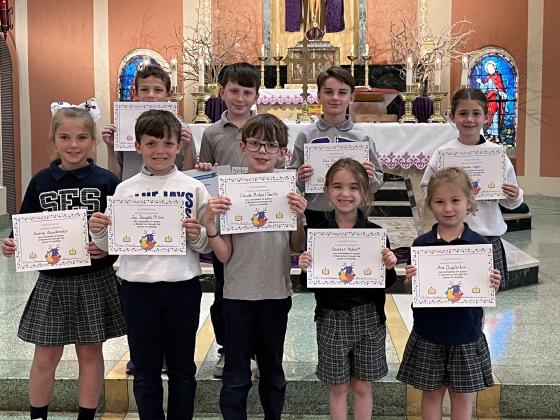 St. Edmund students that completed their 24 quest on Amplify were recognized. In front, from left, are Aubrey Zaunbrecher, Jay Miller, Claude Michael Smith, Sawyer Hebert, and Ava Duplechin. In back, from left, are Brody Vidrine, Greyson Miller, John Mayeaux and  JoAnna Leger.
