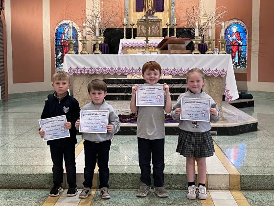 St. Edmund Elementary honored students after Mass for outstanding work. These Pre-k4 completed their Level 4 of ABC Mouse. From left, are Carson Zaunbrecher, Jack Mayeaux, Bryce Duplechin and Greta Cormier (Submitted photos)