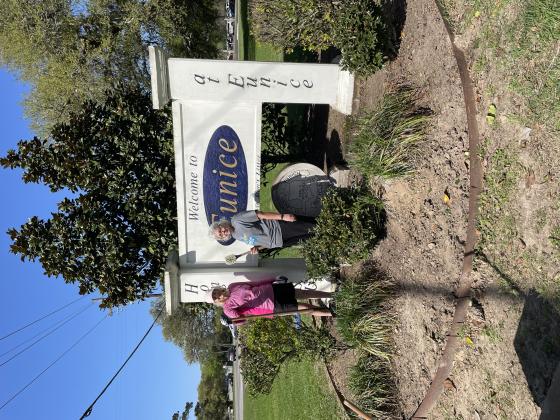 The Bulb &amp; Blossom Club members spruced up the Welcome to Eunice sign located at east entrance of the city limits near Acadian Medical Center. The flower bed was weeded and the sign itself was scrubbed. Enjoying the sunshine while accomplishing this task were Martha Guempel, left, and Fran Guillory. The four welcome signs will all be tidied up and plantings replaced as part of the President’s project for the year.