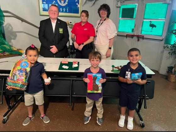 Disguise the Egg Contest was held at Highland Early Learning Center. The entries were judged by Deputy Chief Eddie Thibodeaux, Lt. Regina Rinaldi, and Sgt. Elizabeth Bernard from the St. Landry Parish Sheriff’s Office. Winners were, left, Khari Watson, first place, Hunter Guillory, second; and Christopher Neville, third. (Submitted photo)