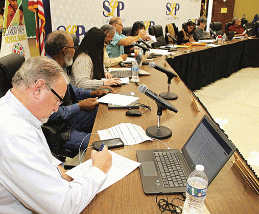 St. Landry Parish School Board members vote on candidates for superintendent at Wednesday’s meeting. (Photo by Harlan Kirgan)