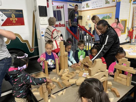 At a center of building towers and castles are Highland Early Learning Center students, from left, are, Loveanae Ledet, Kenzi Hebert, Mia McMurray, Aydenn Jordan, Markel Henry Jr., Joalice Valmore and AsJrion Hayes.