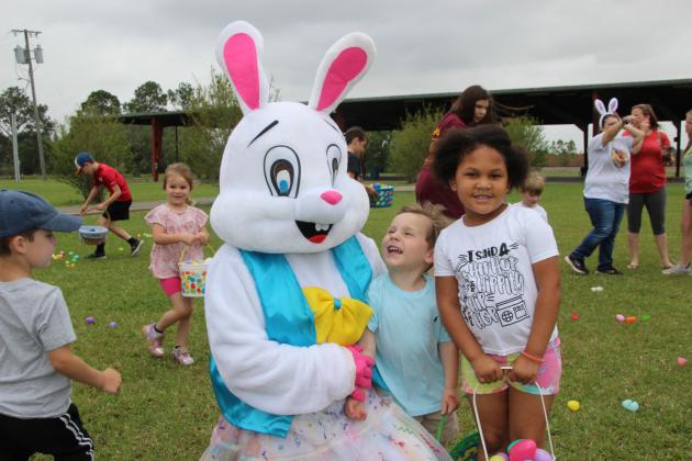 The Easter Bunny made an appearance at the Northwest Community Pavilion grounds. An Easter Egg hunt was held for the kids. Many children were excited to greet the bunny, at left, are Wesley Sanders and Skyla Bergeaux.