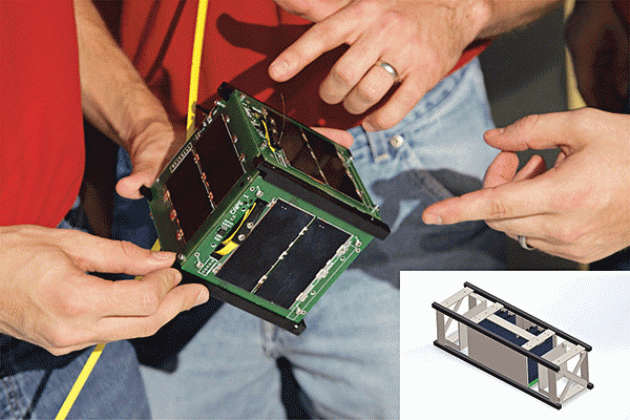 NASA has selected UL Lafayette’s CAPE satellite team for a return trip to space. Student researchers will design and build a larger, more sophisticated version of past satellites. The new model (inset) will be launched into space at an as-yet-undetermined date to gather data about radiation levels. (Photo from the University of Louisiana at Lafayette)