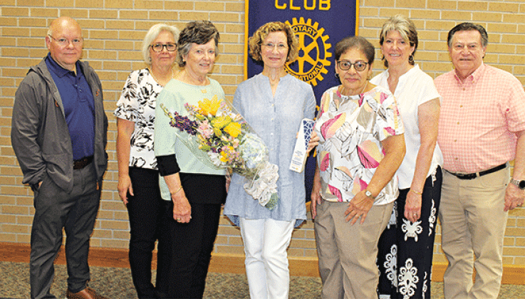 Celeste Gomez is the 2024 Citizen of the Year, presented by the Eunice Rotary Club. Rotarians accept nominations every year for its Citizen of the Year. From left are Van Reed, Rotarian and chairman of Citizen of the Year; Fran Guillory, Lynn Pavich, Gomez; Donna Baltakis, Jean Johnson and Ellis Daigle, president of the Rotary Club. (Photo by Myra Miller)