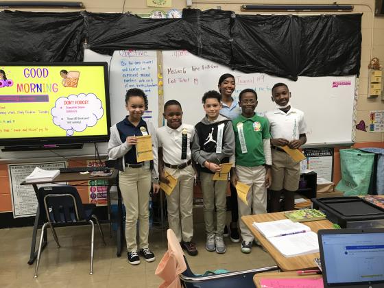 Mayria Ledet’s fourth graders at East Elementary were rewarded for their AR goals. From left, are Shaniya Daugherty, Treal Dupre, Cordaz Brickey, Andre Williams and Malcolm Darby.