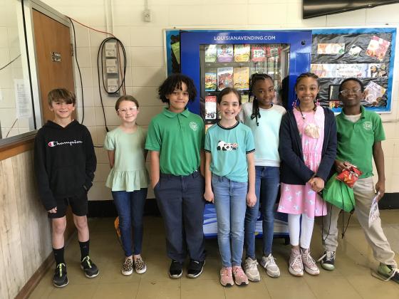 Receiving an award during a LEAP Pep Rally at East Elementary are from left, Cullen Babineaux, Lainey Fuselier, Carter Leger, Natalie Ortego, Jailyn Rideau, Kristen Semien, and Andre Williams.
