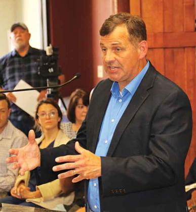 Kevin Ardoin, Acadiana Crime Lab director, explains the lab’s needs at the St. Landry Parish Council meeting on Wednesday. (Photo by Harlan Kirgan)