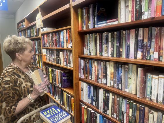 Friends of the Library volunteer Deanna Daigle organizes books this week.  (Photo by Rebecca Chaisson)
