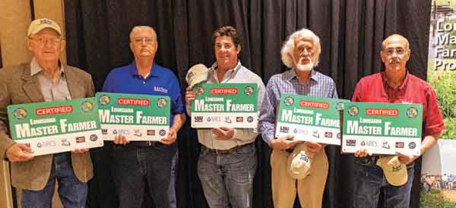 2021 Master Farmer recertifications were awarded to, from left to right, John W. Boudreaux, Roy Varnado, Tim Wild (accepting for himself and his brother Bill Wild), Allen Schriefer and Mark Simon (accepting for his father Donald Simon) April 20 in Baton Rouge. (Photo by V. Todd Miller/LSU AgCenter)