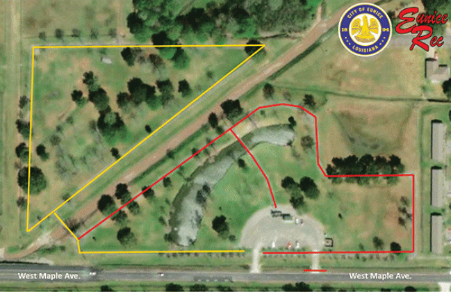 Construction on new and extended walking paths and adult fitness equipment at the Eunice Community Nature Trail and Park is scheduled to begin Monday. During the first phase of the work, the eastern driveway and part of the track — indicated in red — will be closed to the public. The path indicated by the yellow lines will be open for use. When the first phase is completed another map will be released according to Robert Johnson, city recreation director.  The city received a $400,000 grant from Love Louisi
