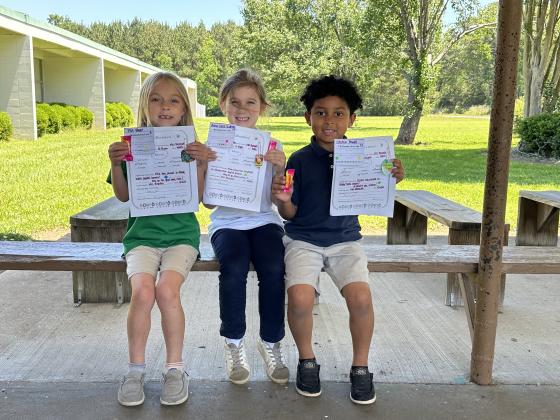 Kindergarten students in Lauren Reynold’s class recently reached their iReady goal. From left, are Ellie Blount, Anna Grace Vidrine and Colsten Powell. (Submitted photo)