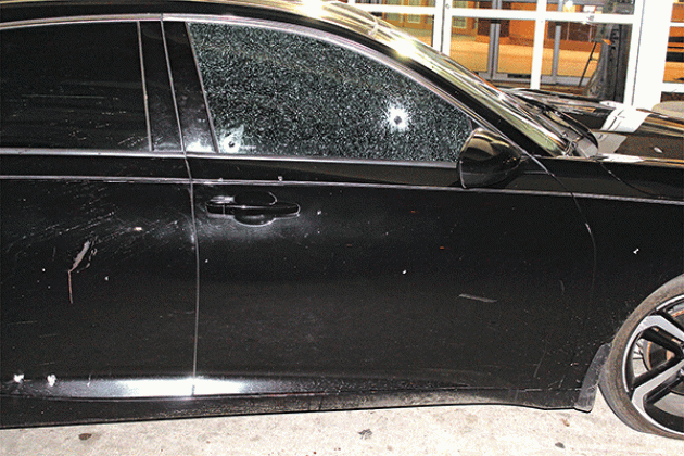 Bullet holes in a car at the scene of a shooting that left 23-year-old Chanterria “Macky” Albert an off-duty St. Landry Parish Sheriff’s corrections officer, dead. (Submitted photo)