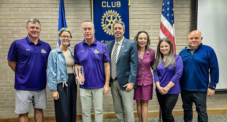 Jeff Willis, LSU Eunice Athletic Director and Head Baseball Coach is the 2025 Eunice Rotary Club Citizen of the Year. From left are Alan Orgain, LSUE Assistant baseball coach; Lindsey Willis, Willis, LSUE Vice Chancellor of Athletics and Head baseball coach; Scott Fontenot, Mayor; Nancee Sorenson, LSUE Chancellor; April Fontenot, LSUE Athletics Office manager; Van Reed, Rotary secretary and Director of  Emergency Preparedness &amp; PIO. (Photo by Dwight Jodon)