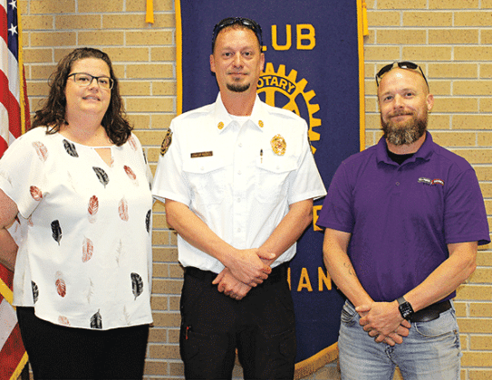 Eunice Fire Chief Chaise Brown was the guest speaker Wednesday at the Eunice Rotary Club meeting. From left are Erika Fontenot, Rotary Club president-elect; Brown; and Greg “Stormy” Soileau, a Rotarian. Brown was the guest of Soileau. (Photo by Myra Miller)