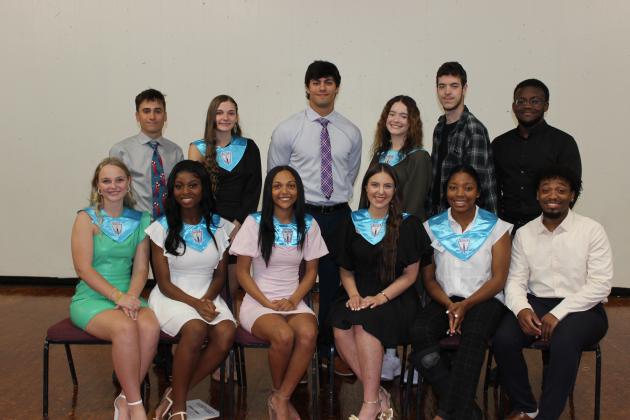 Eunice High Senior Hall of Fame are, seated, from left, Olivia Gil, Alivia Cesar, Madlyn Edwards, Olivia Pedigo, Gabrielle Mitchell and Isaiah Ceasar. In back, from left, are Dru Phillips, Rylie Fontenot, Hayden Darbonne, Aeryn Doucet and Ethan Doucet, both representing their late brother Wesley Doucet, and Jalen Anderson.