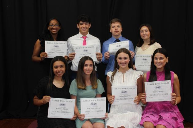 Eunice High Junior ACE Letterman members are, seated from left, Adayvia Jones, Ava Landreneau, Vivian Andrus and Jacelyn Faul. In back, from left, are Shiya Ceasar, Julien Granger, Elijah Johnston and Carlie Baker. Not pictured Dentiny Labbe and Fajah Guillory.