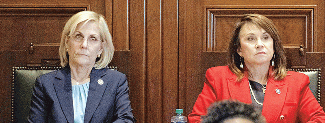 Louisiana Secretary of State Nancy Landry, left, sits with Louisiana Attorney General Liz Murrill as Gov. Jeff Landry speaks on opening day of a legislative special session focusing on crime, Feb. 19, at the State Capitol in Baton Rouge. (Hillary Schienuk/ The Advocate, Pool)