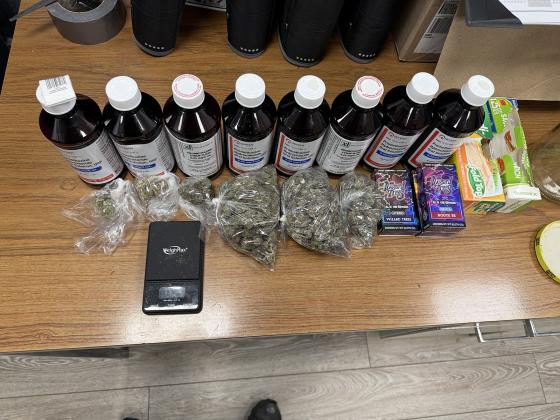 Eunice police seized more than five ounces of suspected marijuana, multiple boxes of THC vape cartridges and eight bottles of prescription cough syrup during a Wednesday raid at a West Park Avenue home, leading to the arrest of a 28-year-old Eunice man on felony drug distribution charges. (Submitted photo)
