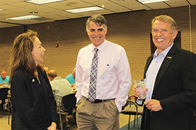 Bill Rodier, right, chief executive officer of St. Landry Economic Development, was the guest speaker Wednesday at the Eunice Rotary Club meeting. Prior to speaking Rodier was with with Nancee Sorenson, LSUE chancellor, and  John Hamlin, LSUE vice chancellor of Academic Affairs &amp; Provost. (Photo by Myra Miller)