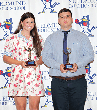 Receiving The Eunice News Jerry Hoffpauir Memorial Award are Kennedy Dubroc and Haden Lasage.