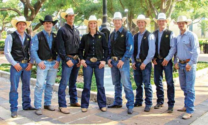 Seven members of McNeese’s rodeo team have qualified for the College National Finals Rodeo. From left to right: Isaac Richard, Waylon Bourgeois, Gavin Soileau, Kamryn Duncan, Kade Sonnier, Ryder Sanford, Shea Fournier and coach Justin Browning.