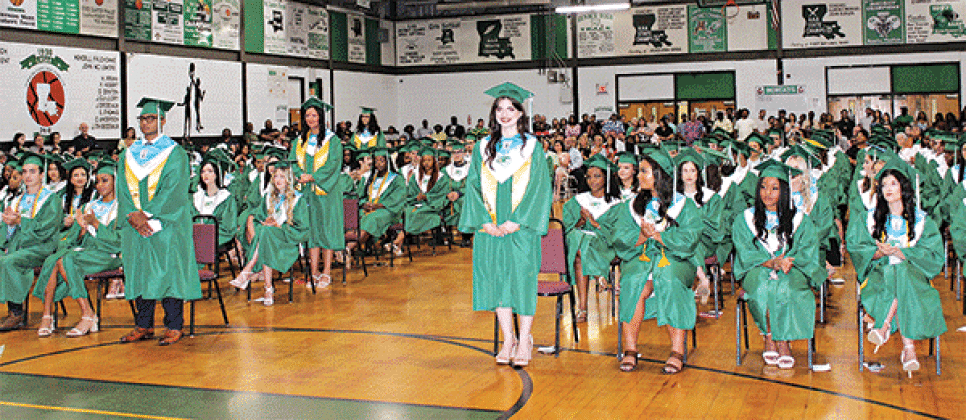 Eunice High School honor graduates stand for recognition during the 2024 graduation ceremony. According to the Louisiana Department of Education Eunice High School had a 95% graduation rate in 2022-2023, which was the highest in St. Landry Parish. (Photo Myra Miller)