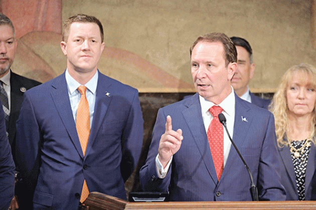 State Superintendent of Education Cade Brumley and Gov. Jeff Landry presented the Let Teachers Teach recommendations in a joint news conference. (Allison Allsop)