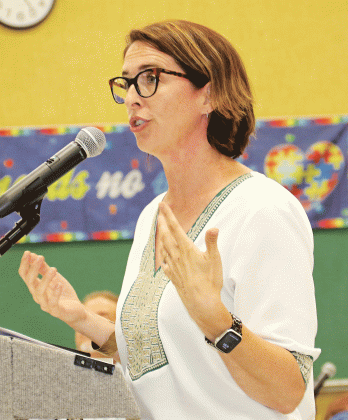 Lindsey Smythe, École Saint-Landry adminstrator, is asking the St. Landry Parish School Board to review the French immersion school’s charter from kindergarten to fifth grade to include up to eighth grade. The school is located in Sunset. (Photos by Harlan Kirgan)