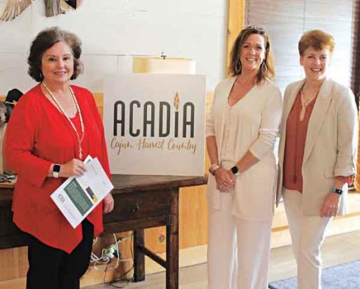 The Acadia Convention and Visitors Commission (Acadia Parish Tourist Commission) unveiled its new brand and logo during a program Tuesday morning at The Crying Eagle Lodge near Basile. Among those on hand for the event were, from left, Sharon Calcote, Byways director, Louisiana Office of Tourism; Nancy Loewer, executive director, Acadia Commission; and Wynne Waltman, part of the creative team that designed the new logo and brand. (Photos by Steve Bandy/Crowley Post-Signal)