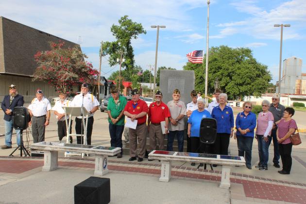Donnie Fontenot, VFW Post 8971 commander, welcomes the public Monday to the Memorial Day ceremony.
