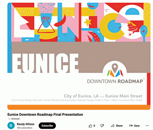 A video of the Downtown Eunice Visioning session has been posted at: https://www.youtube.com/watch?v=QPcrbU0p2V4.  (Screenshot from youtube.com)