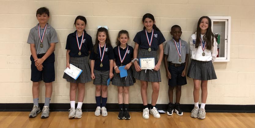 St. Edmund Elementary students receiving the PE Award were, from left, Carson Simon, Kate LaHaye, Lily Briscoe, JoAnna Leger, Madeline Pitre, Keith Reed, and Bryn Heinen.